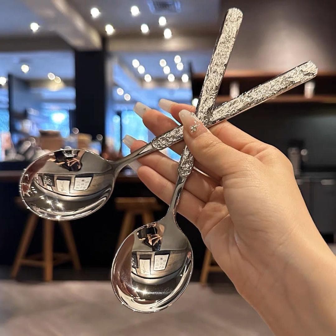 Stainless Steel Spoon Trendy Stone Pattern Spoon Restaurant Dining Spoon Korean Style Long Handle Soup Spoon Tablespoon Dessert Spoon