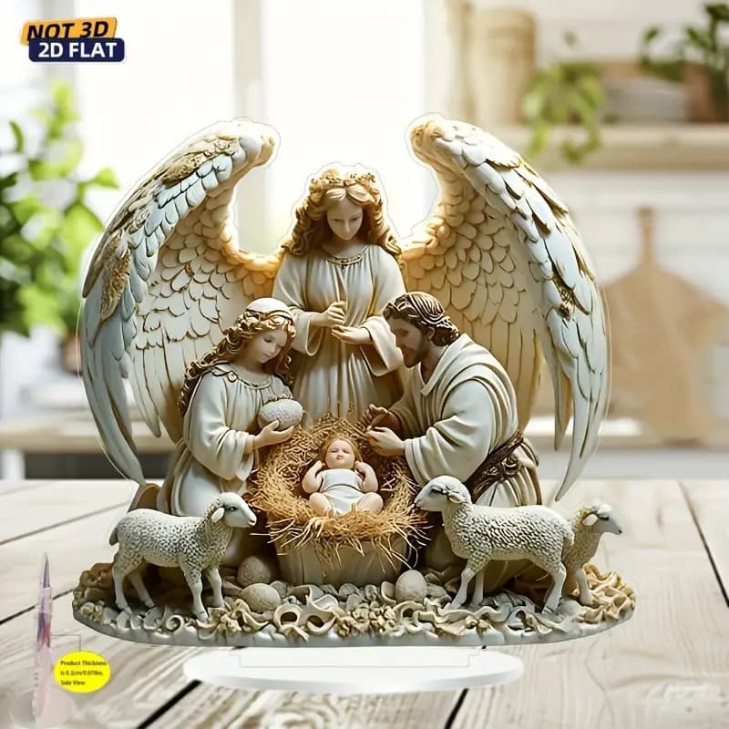 2D Flat Acrylic Desktop Ornament of Jesus' Birth, Angel Home Decor for Coffee Shop, Bedroom, Living Room, Study
