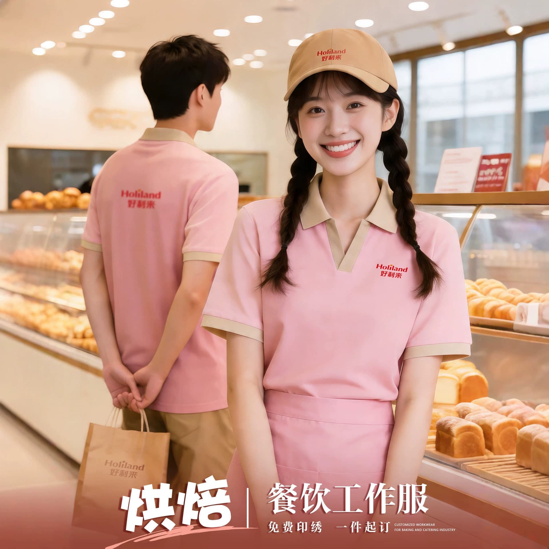 Bakery Restaurant Work T-Shirt with Logo Summer Coffee Milk Tea Service Uniform Short Sleeve V-Neck Men