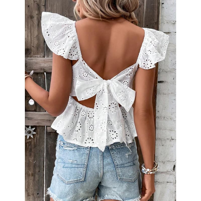 New Foreign Trade Cross-Border Blouses with Embroidery, Tie-Up Backless Design, Butterfly Sleeves, and Ruffled Edges
