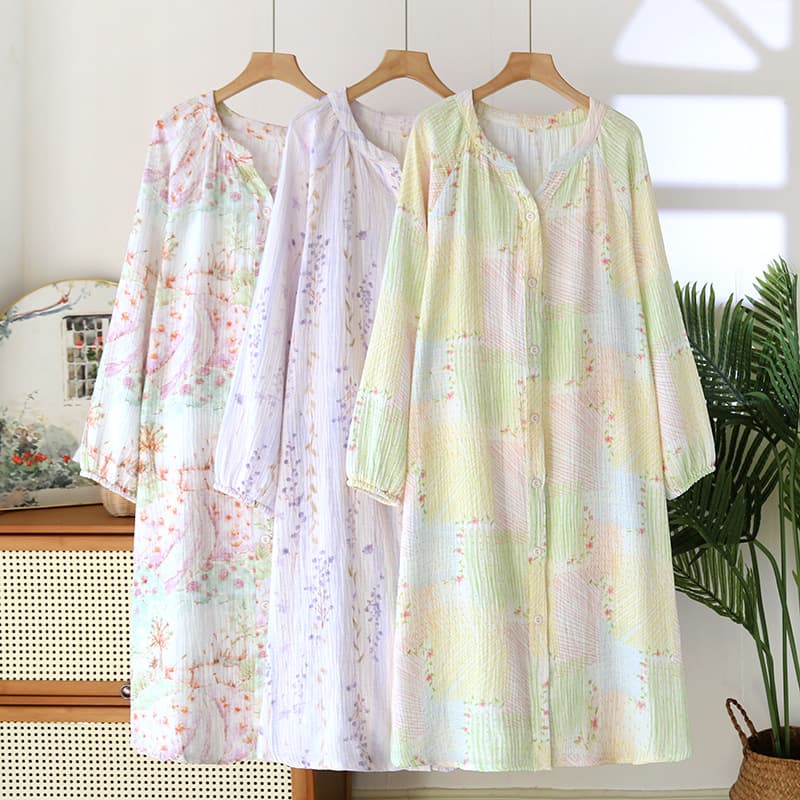 Women's New Cotton Gauze Nightdress, Spring/Autumn/Summer, Thin Long-Sleeve Simple Loose Plus-Size V-Neck Nightgown, Long Dress