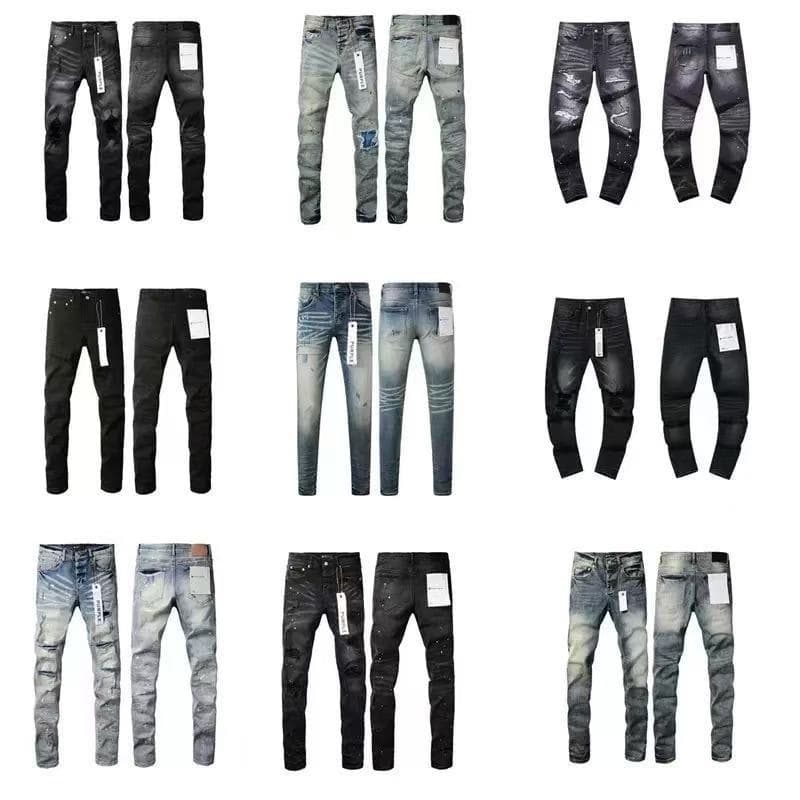 High-End PU Labeled Export Punk Vintage Blue Ripped Slim Fit Stretch Printed Dyed Skinny Jeans for Men