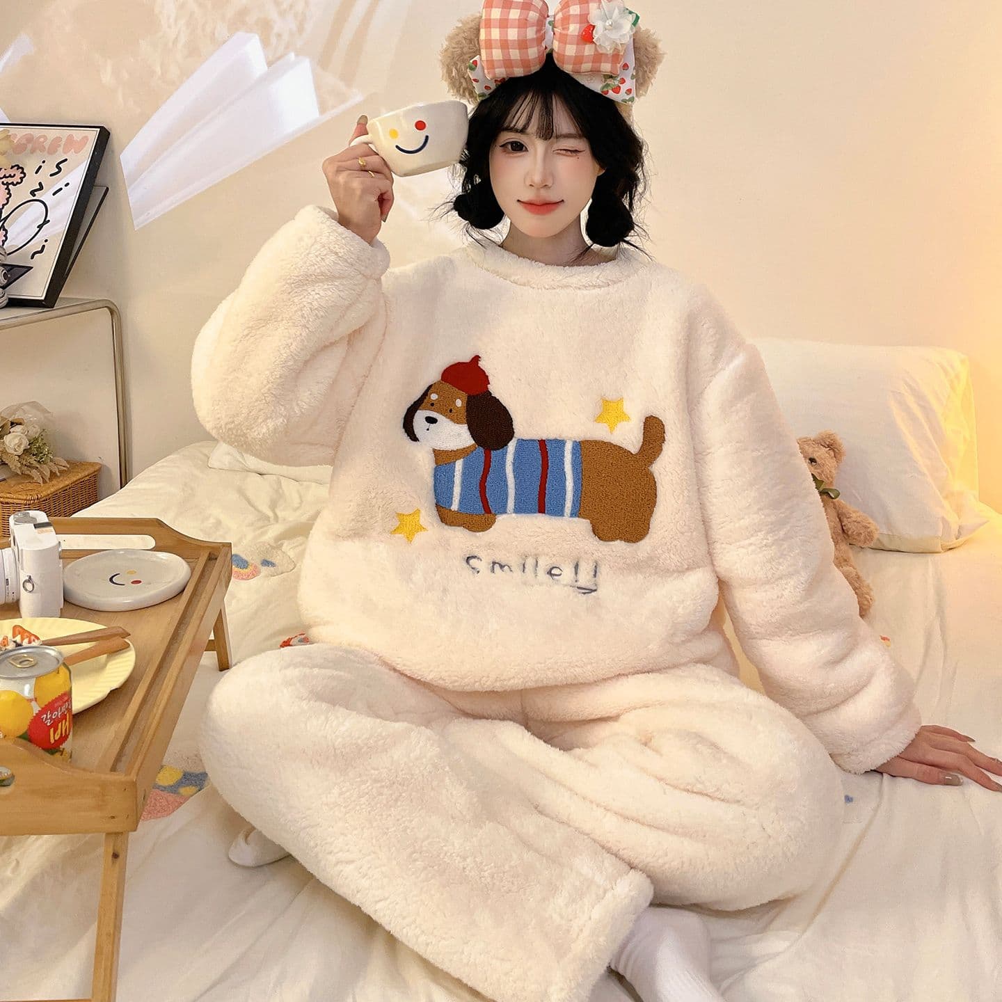 Women's Winter Pajamas, Long-Sleeve Plush Homewear, Sweet Velour Thickened Warm Two-Piece Set