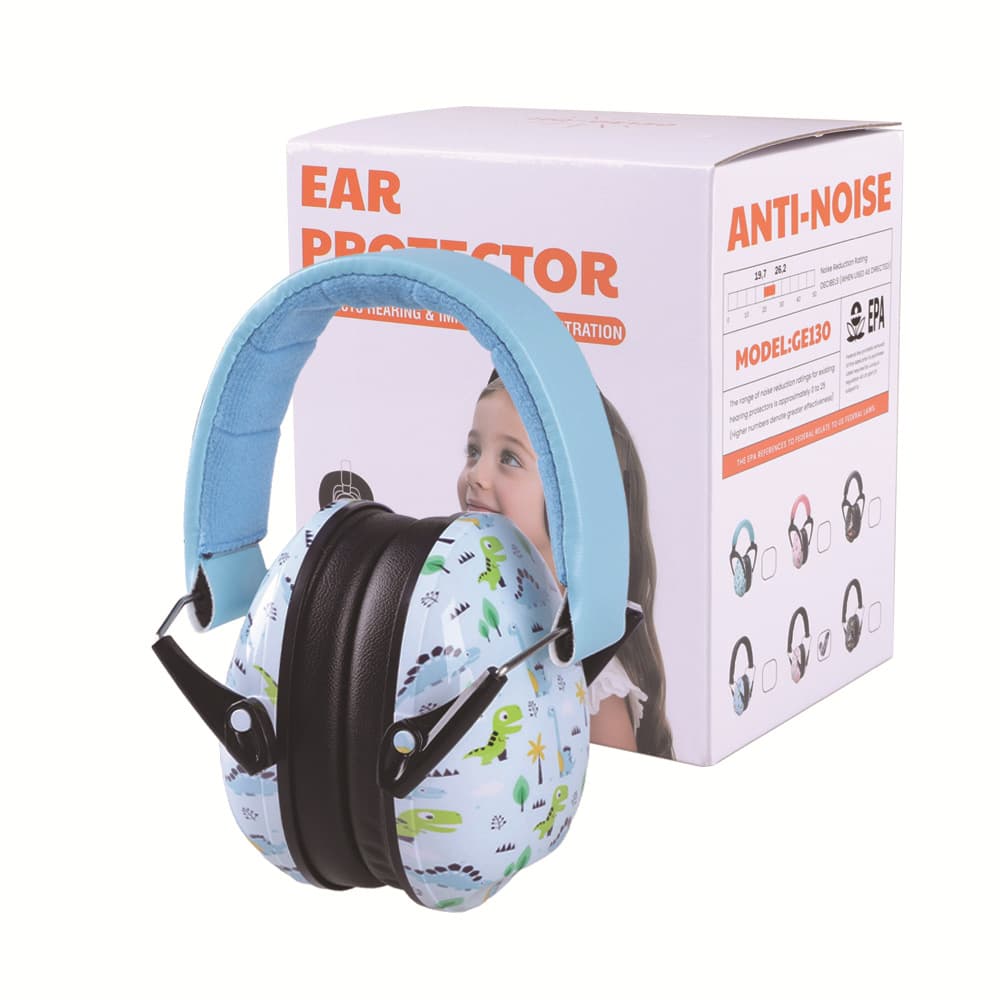 Children's noise reduction earmuffs are suitable for children and adults to protect their ears. Blue dinosaur for patients with autism and sensory impairment.