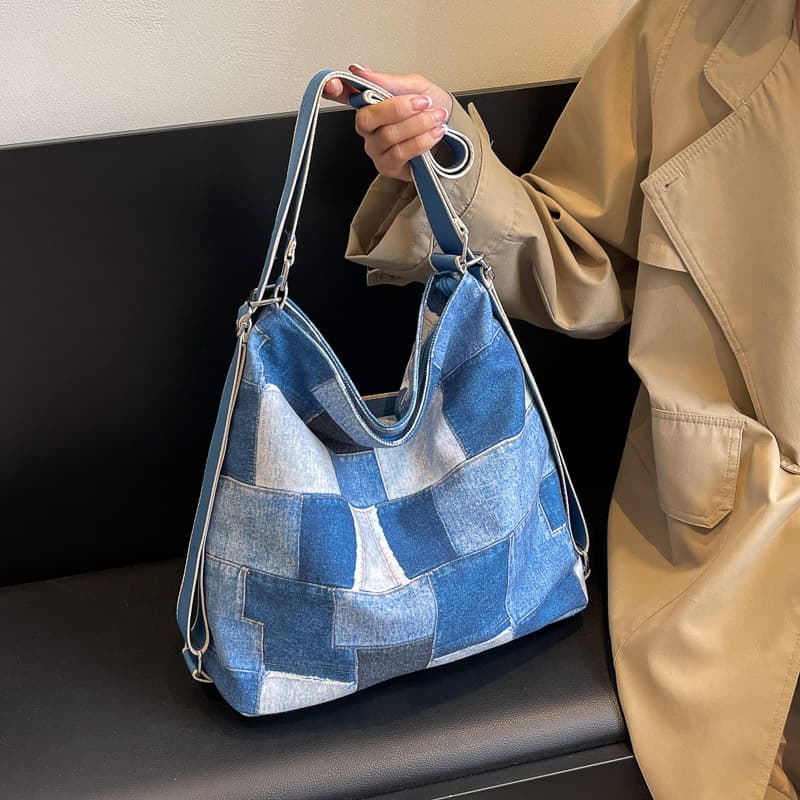 Vintage Style Women's Multi-Purpose Denim Plaid Shoulder Bag with Color Block Design And Internal Zipper Pocket Nylon Material