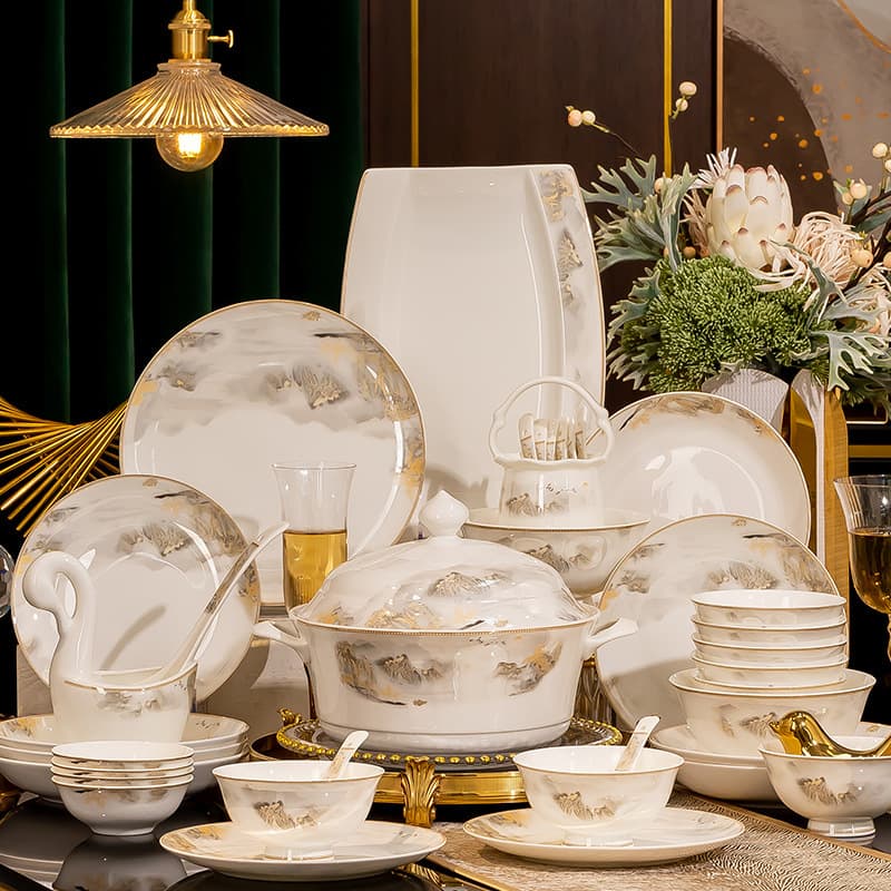 Home Ceramic Dinnerware Set, Light Luxury Bowls and Plates, Housewarming Tableware Set