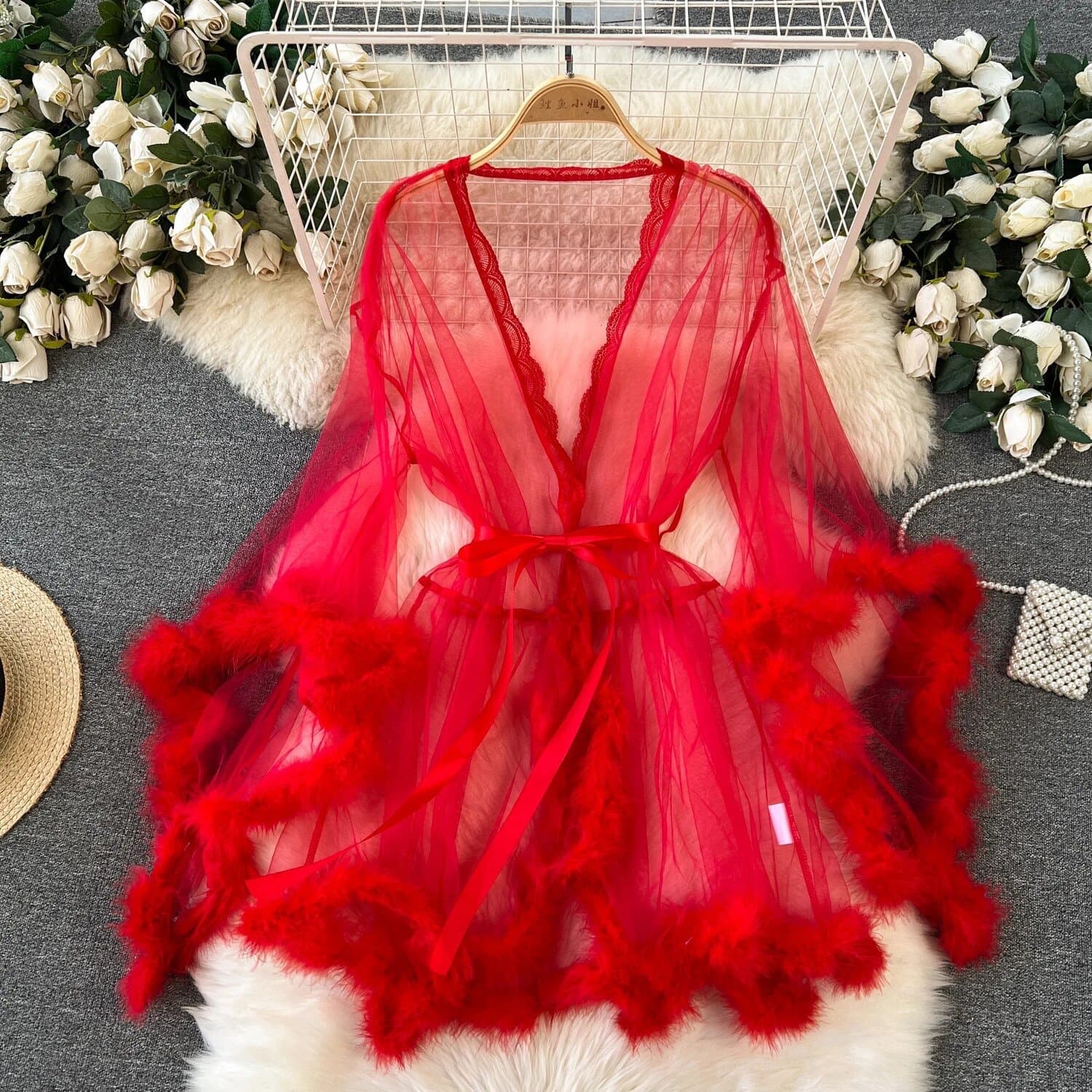 Cross-border AliExpress Amazon Europe and America Hot Selling See-through Mesh Sexy Feather Lingerie Lightweight Sexy Sleepwear