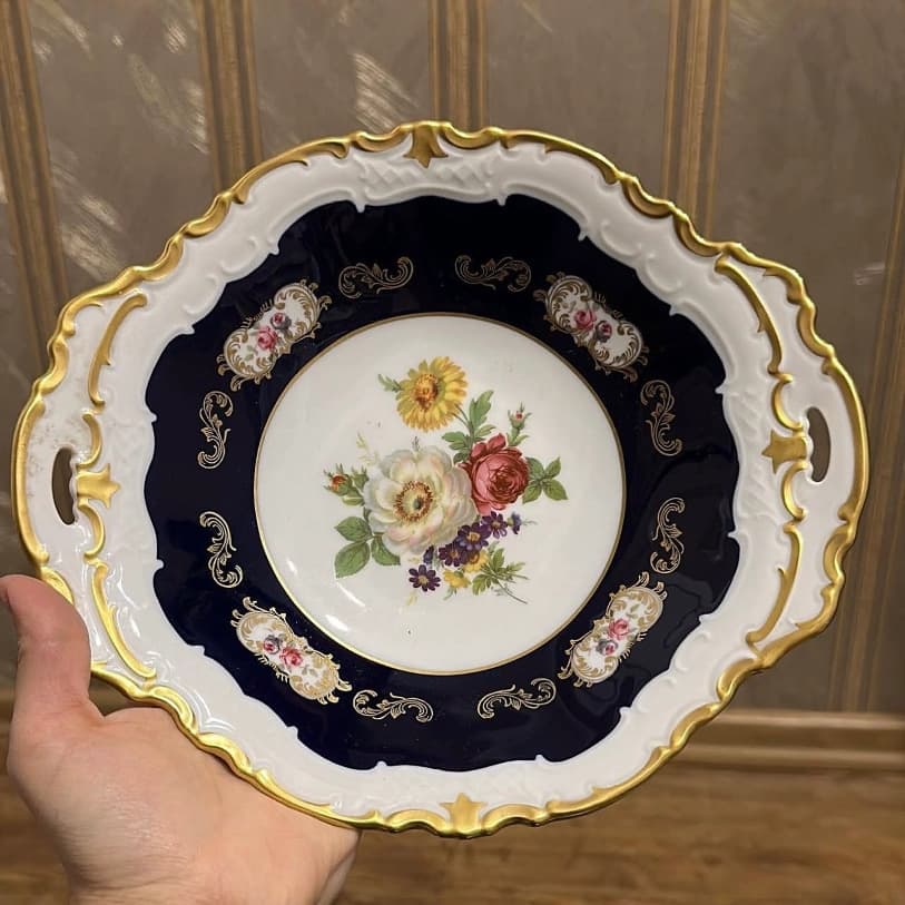 Vintage Cobalt Blue Dessert Plate Handmade Gold-Trimmed Fruit Plate Candy Dish Tableware