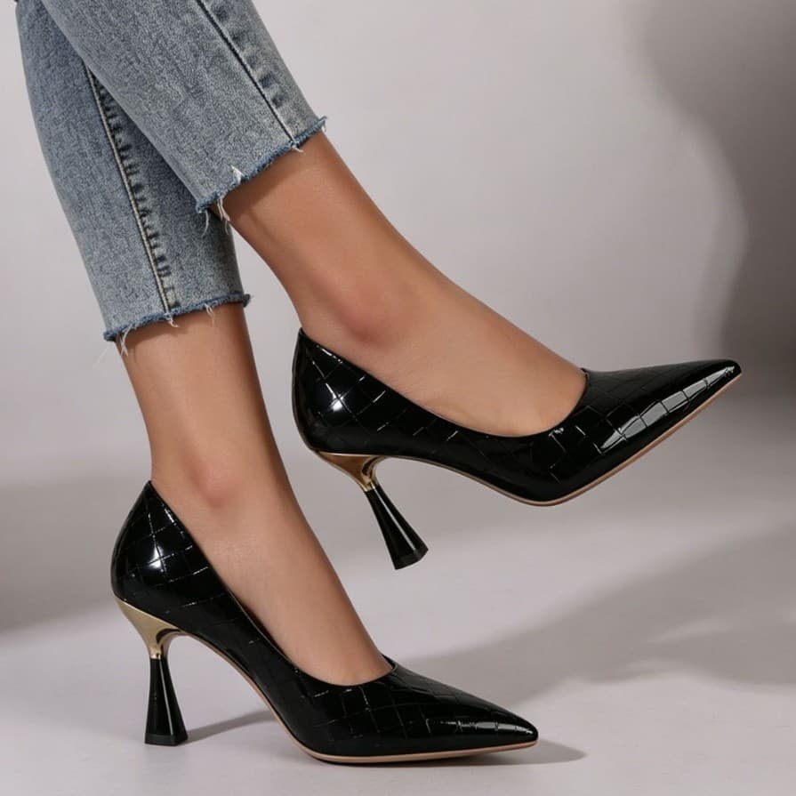 Women's Heel Shoes: Pointed Toe Shallow Patent Leather High Heels, New Checkered Tapered Heel, Elegant Flats