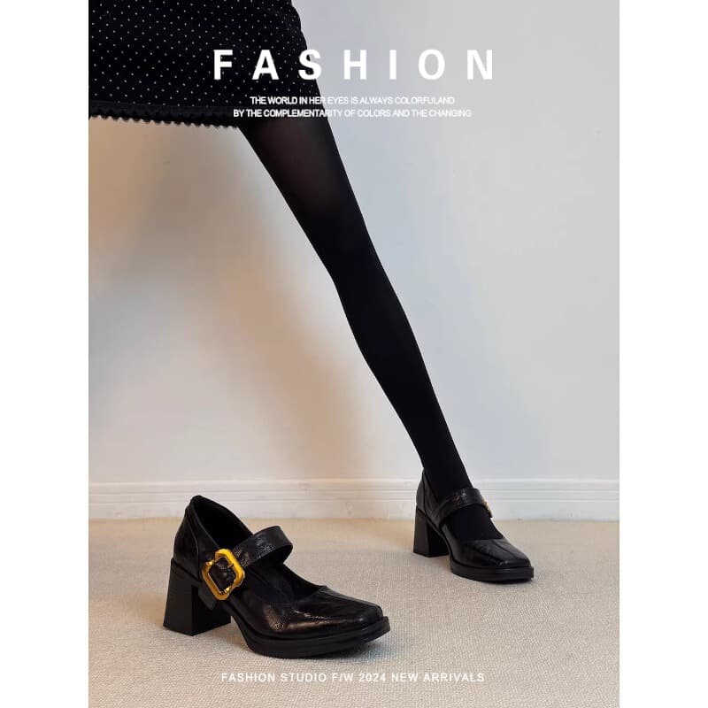 Genuine Leather High-Heeled Shoes with Metal Buckle, Retro Silent Mary Jane Shoes for Women, Square Toe, Versatile, Great for Wearing