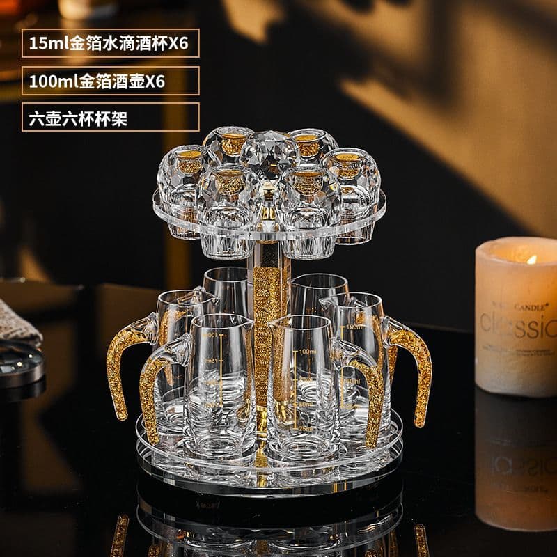 Gold Foil Crystal Faceted Baijiu Glass Set, Household Small Shot Glasses with Scale and Handle, Wine Decanter Cup with Holder