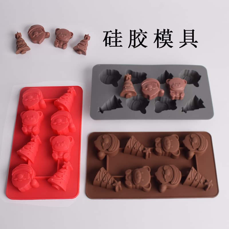 8-Connected Bear Santa Christmas Tree Silicone Mold for Candy, Chocolate, Cake Baking, and Crystal Resin Casting