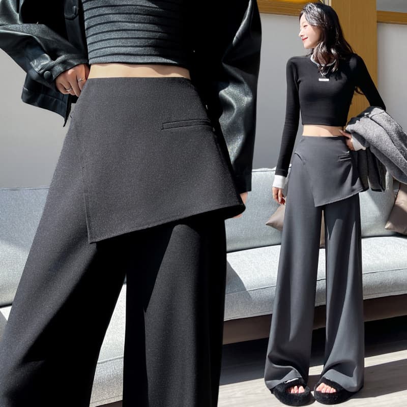Actual Photo Gray Pleated Suit Wide-Leg Pants for Women, Autumn Faux Two-Piece High-Waist Slimming Loose Straight-Leg Casual Floor-Length Pants