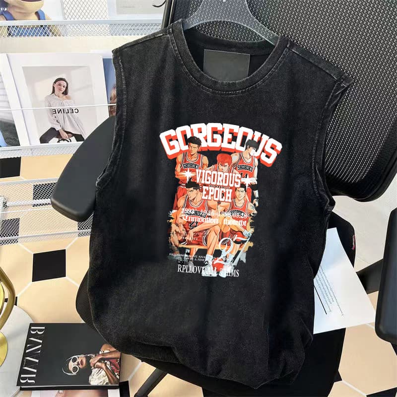 American vintage trendy washed pure cotton vest men's sleeveless t-shirt loose versatile top