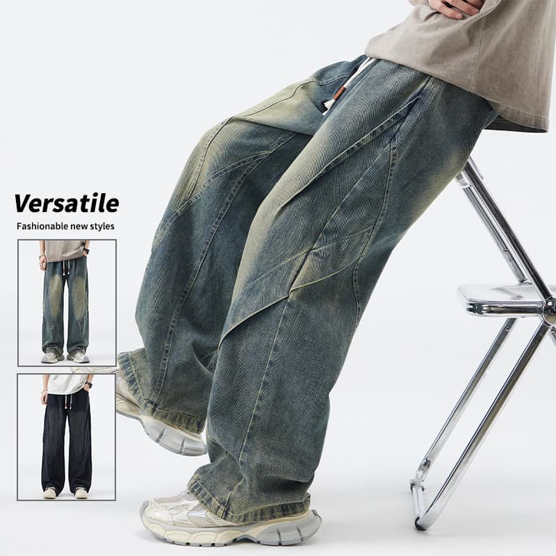 Men's Washed Jeason Winter Fleece-Lined Pleated Loose Straight-Leg Pants, American-Style Handsome Curved Hem Wide-Leg Long Pants