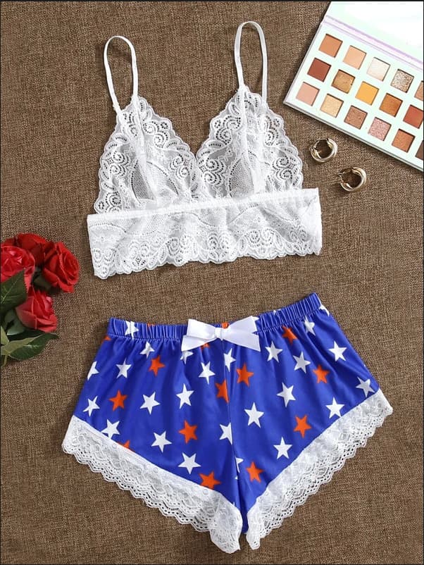Wholesale Sexy Women's Blue and White Star Print Short Pajama Set for Cross-Border European and American Markets