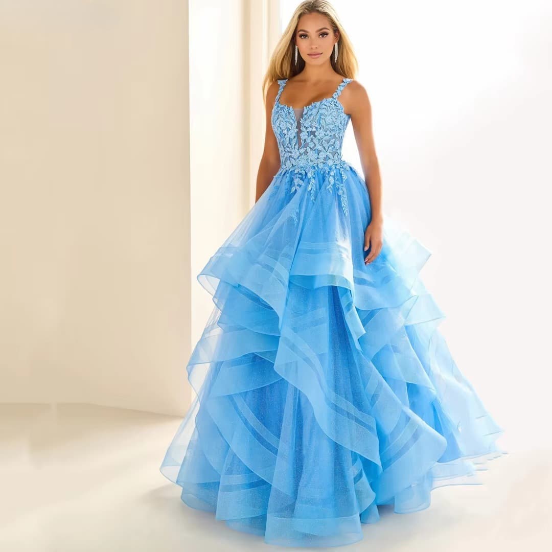 Banquet evening dress female blue suspender dress vocal arts Kaosen style colorful yarn fairy dress host dress