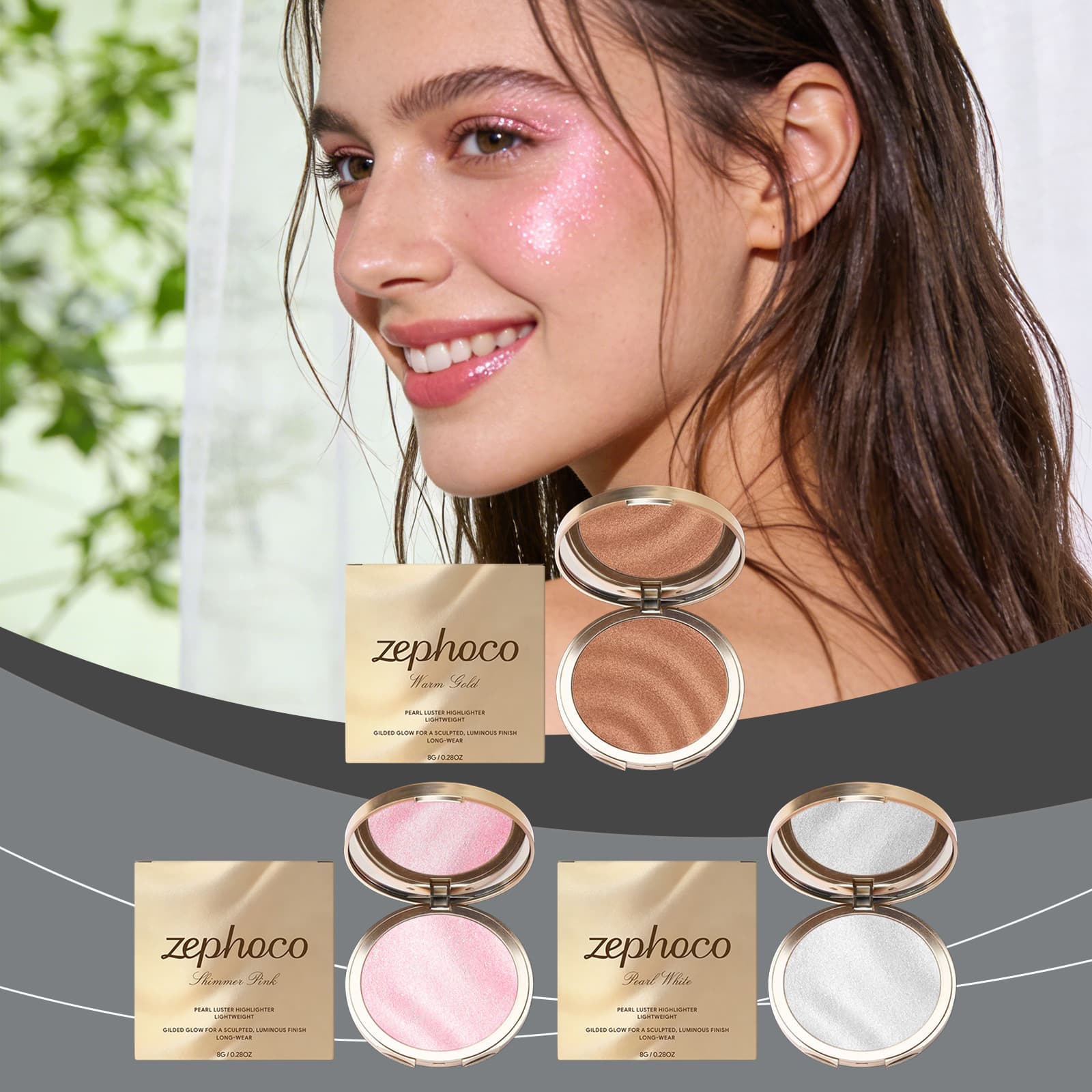 zephoco Gilded Highlighter Powder Compact Series Matte Finish Lightweight Fine Texture Natural Fit Long-Wear Powder Compact