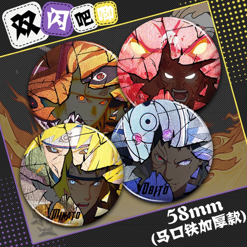 Double Flash Badge Tin Button Broken Style with Obito, Sasuke, Naruto, Minato Namikaze Comic Con Merch Anime Accessories