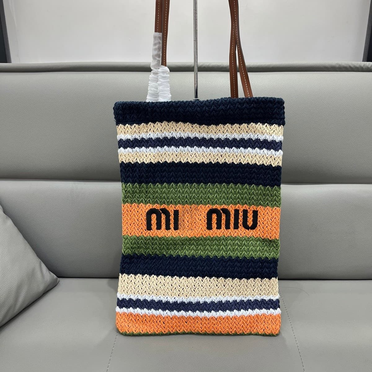 In Stock Miu Rainbow Woven Lunch Box Bag Woven Stripe Handbag Crossbody Bag Fashion Versatile Contrast Color Women's Bag Export