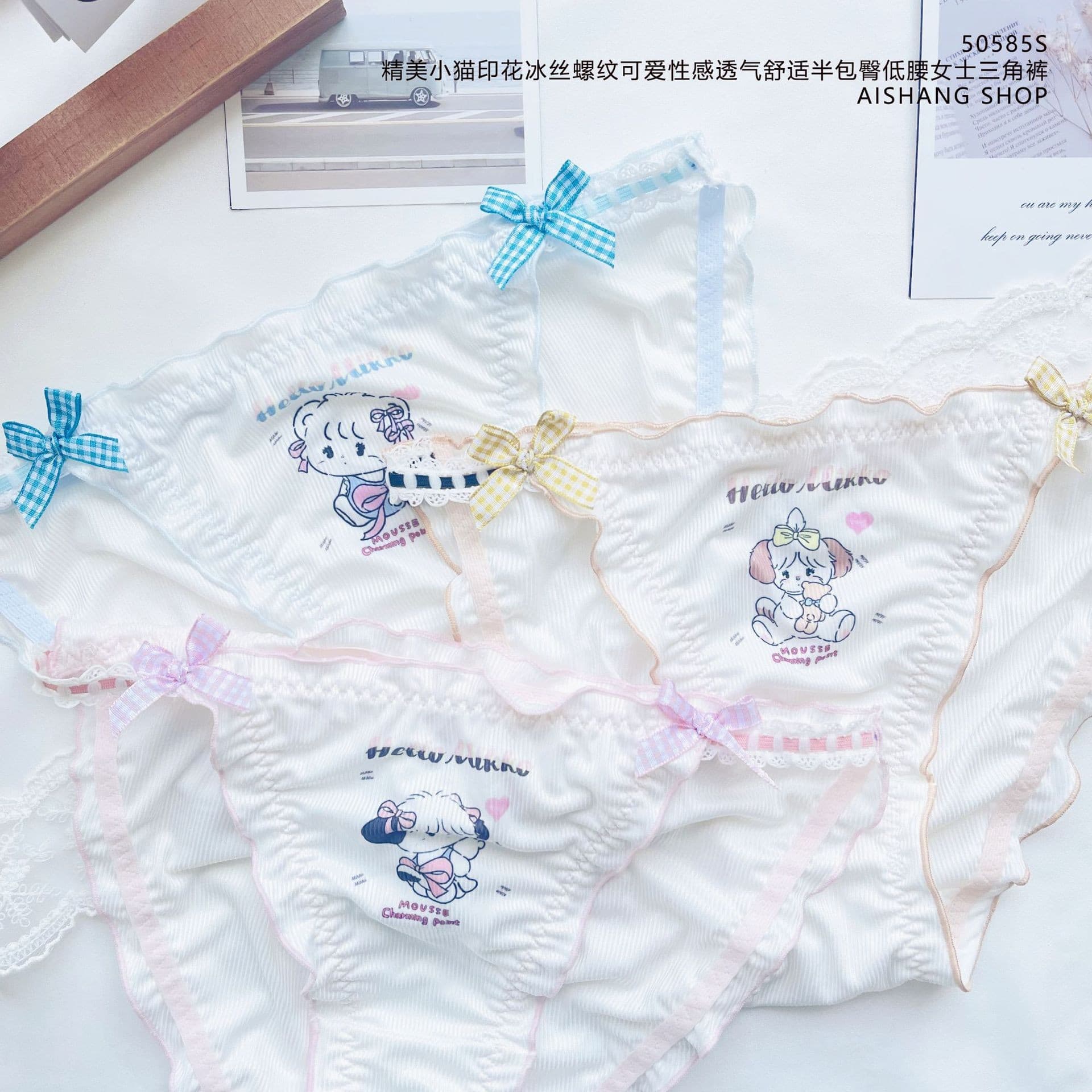 50585S Japanese Lolita Cute Sweet Cat Pattern Ribbed Comfort Cotton Crotch Girls' Panties Dalian Factory Wholesale