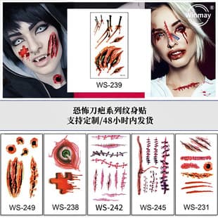 New Adult Halloween Tattoo Stickers Realistic Bloody Scar Tattoo Lifelike Scary Temporary Tattoo Stickers