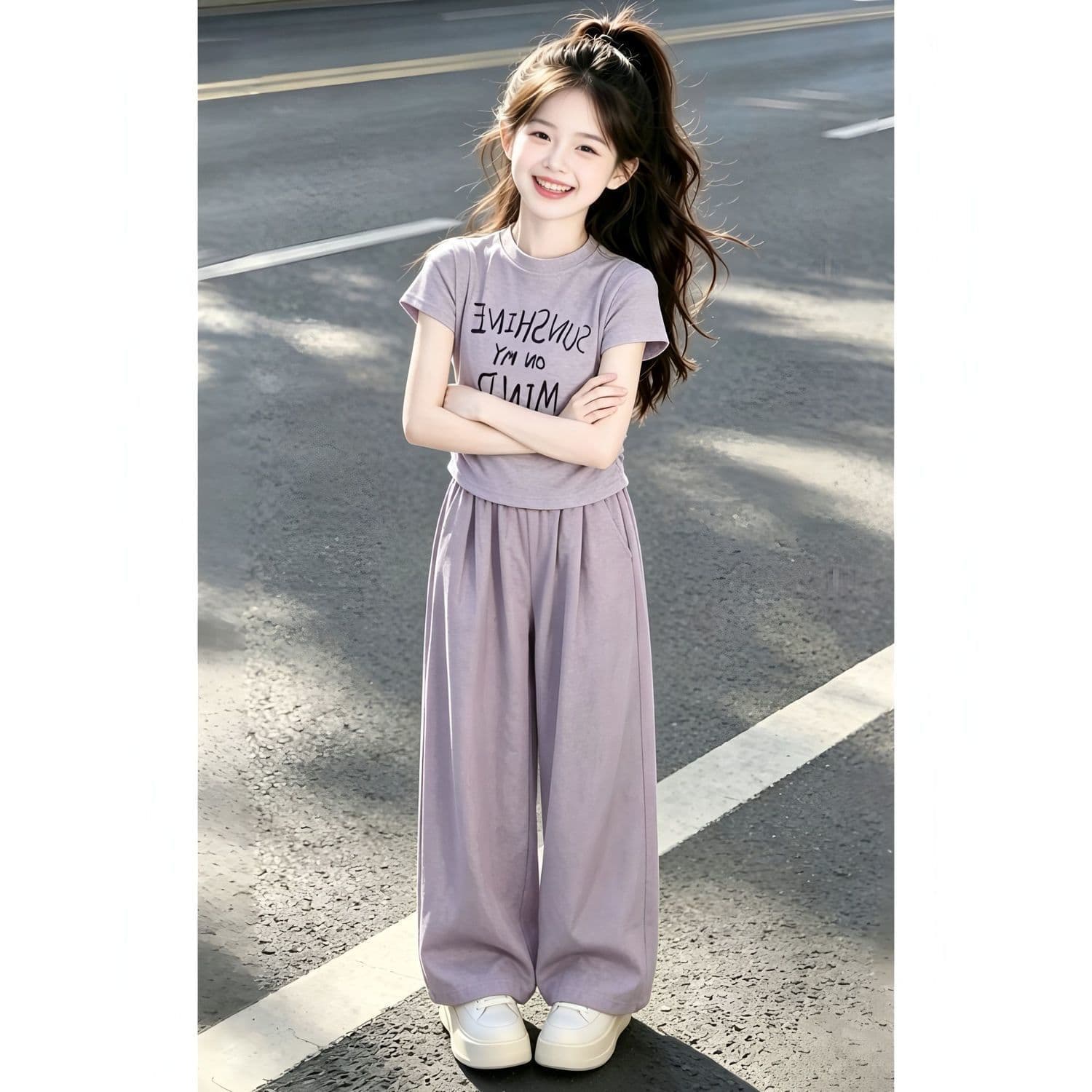 2026 Girls Summer New Set Kids Fashion Purple Letter Print Short Sleeve Top Casual Wide Leg Pants Two-Piece Set