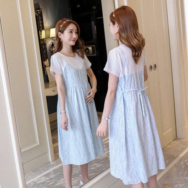 Maternity Dress Summer Short-Sleeved Mid-Length Fake Two-Piece Floral Korean Style New A-Line Skirt Summer Maternity Skirt