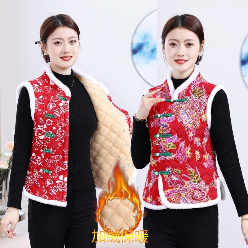 New style vest, northeastern large floral ethnic Tang suit vest, thickened cotton jacket with frog buttons, fleece-lined women's warm sleeveless top.