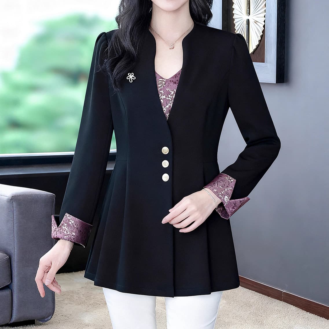 2025 Autumn and Winter New Arrival European High-End Elegant Office Fake Two-Piece Suit Jacket, Loose Design Sense Stand Collar Women's Clothing