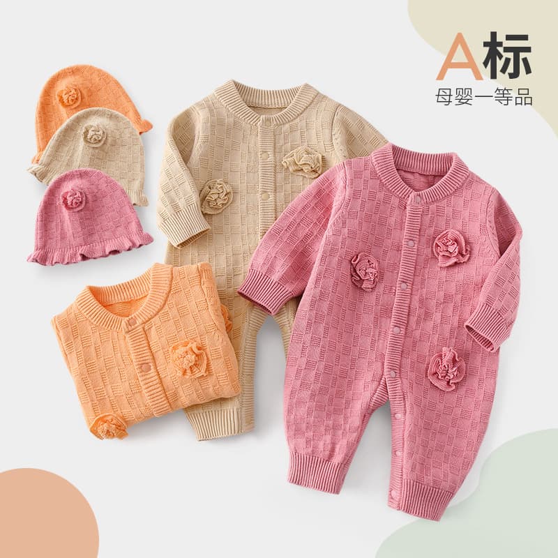 Korean Style Autumn Winter Newborn Baby Girls Knitted Romper with Hood, Bodysuit Crawling Suit, Fashion Export