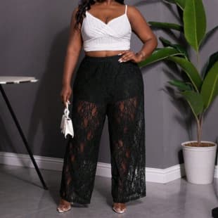 2026 European American Plus Size Women's Black Lace Cutout Wide Leg Pants High Waist Sheer Casual Trousers