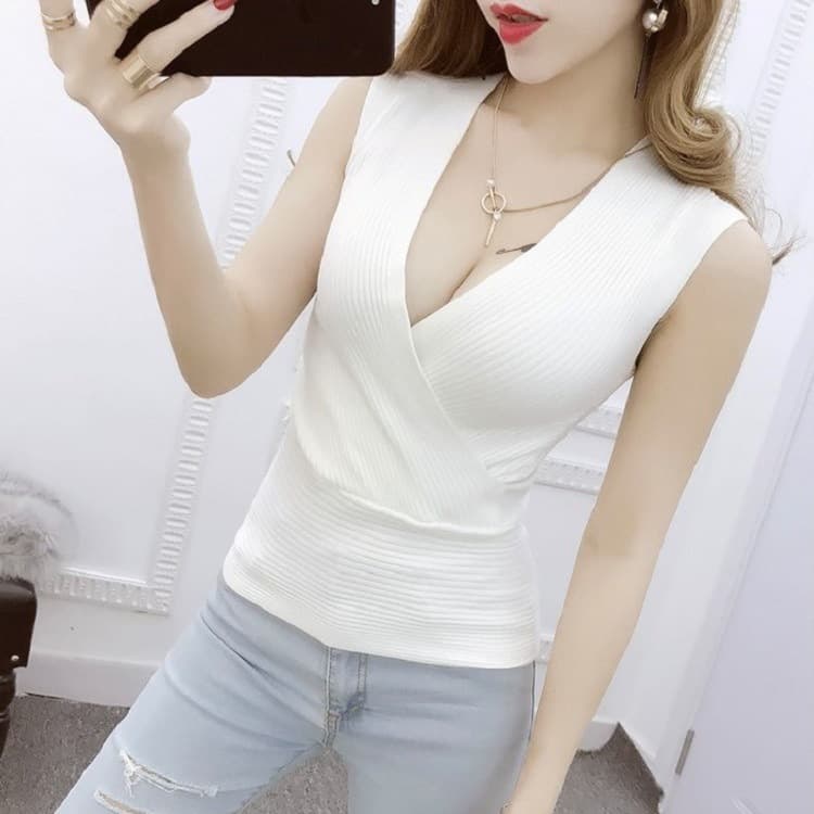 Summer Women's New Korean Style Sexy Low-Cut Cross Deep V-Neck Elastic Tight Knit Layering Top Vest