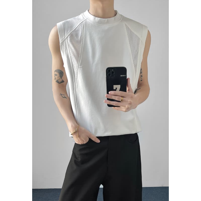 American Style Vest with Mesh Panel Breathable Quick-Dry Small Collar Sleeveless T-Shirt for Men Summer Sports Outerwear