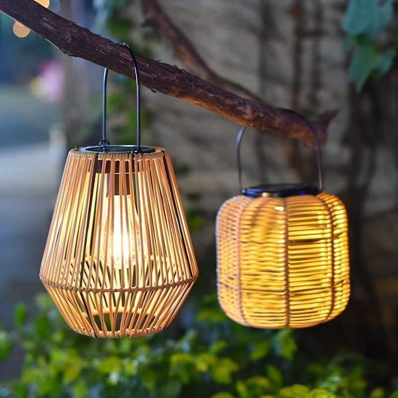 Outdoor Solar Garden Light Rattan Bamboo Lantern Chinese Retro Hanging Light Balcony Decoration Atmosphere Night Light