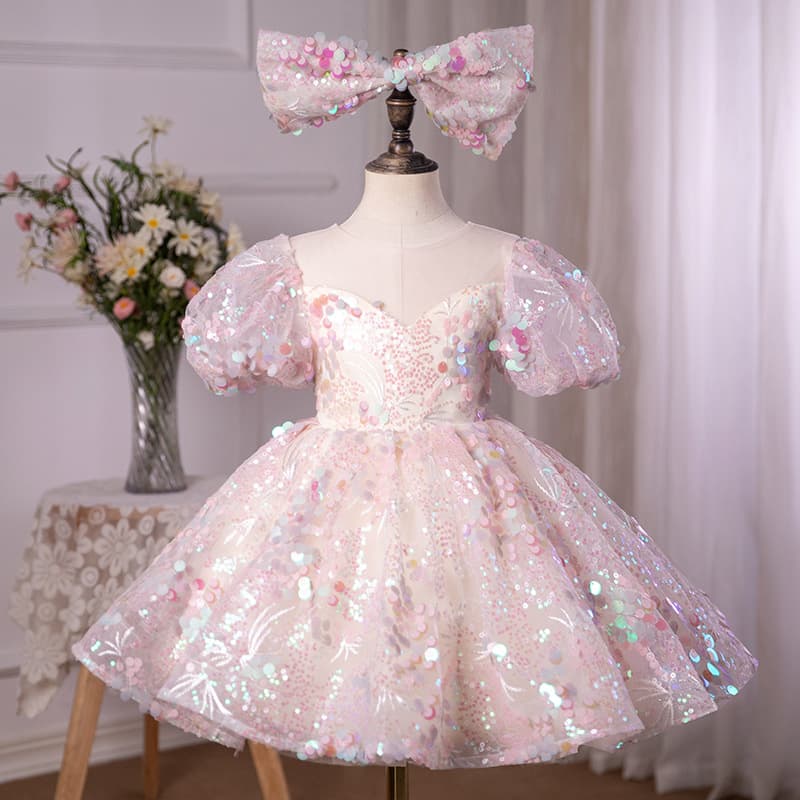 Children's Princess Wedding Dress Cross-Border Pink Sequin Flower Girl Wedding Little Girl Dress Baby One-Year-Old Birthday Dress
