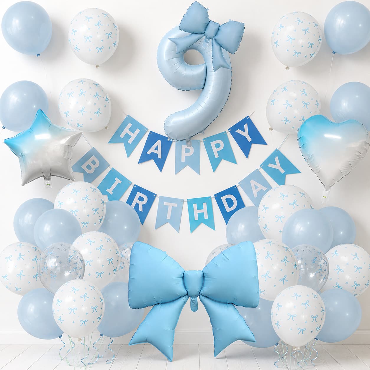 Morandi Blue Bow Number Balloon Set First Birthday Party Flag Latex Balloon Set