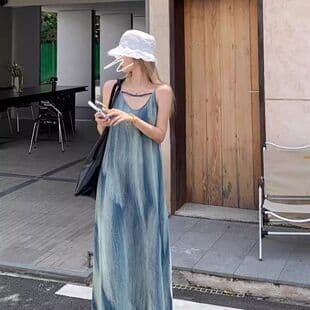 Tie-Dye Camisole Dress Women Summer Loose Long Dress Niche Design Beach Vacation Style Sand Dress