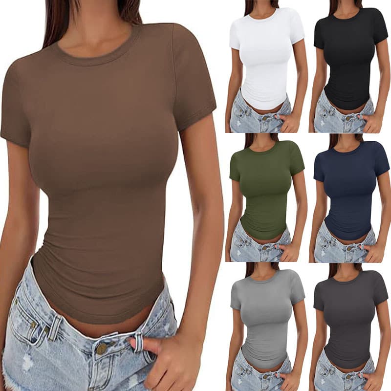 2025 Amazon Europe and America New Women's T-Shirt Slim Fit Round Neck Tight Sexy Summer Top