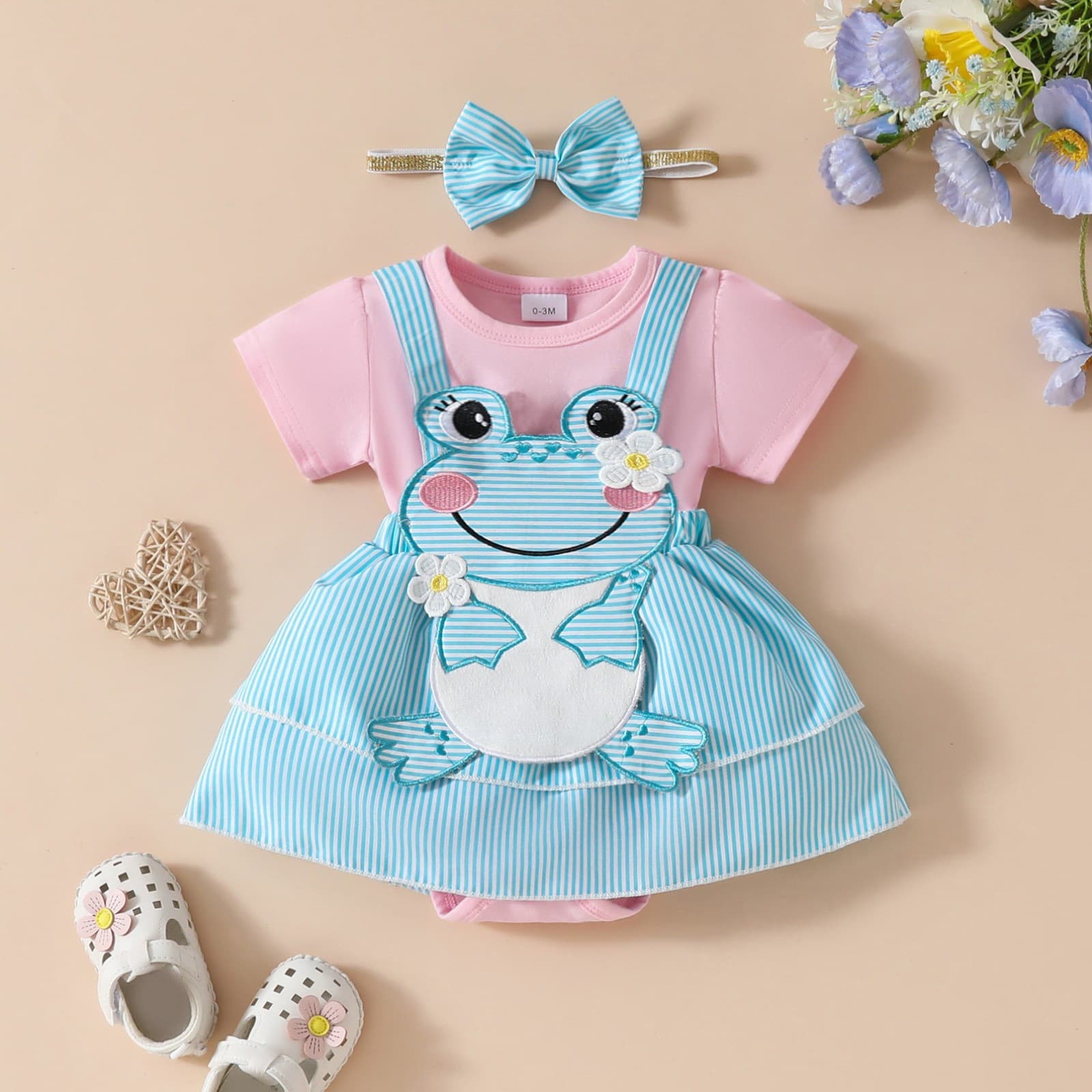 Cross-border Baby Cute Little Frog Short Sleeve Double Layer Dress Summer Girl Triangle Harem Dress Newborn Bowknot Romper