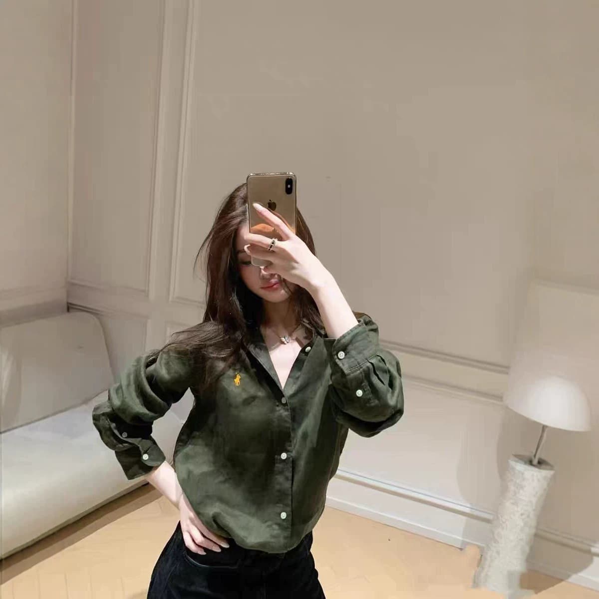 In Stock RL Small Pony Logo Embroidered Loose Linen Lightweight Sun Protection Correct Version Casual Versatile Long Sleeve Shirt for Women Summer