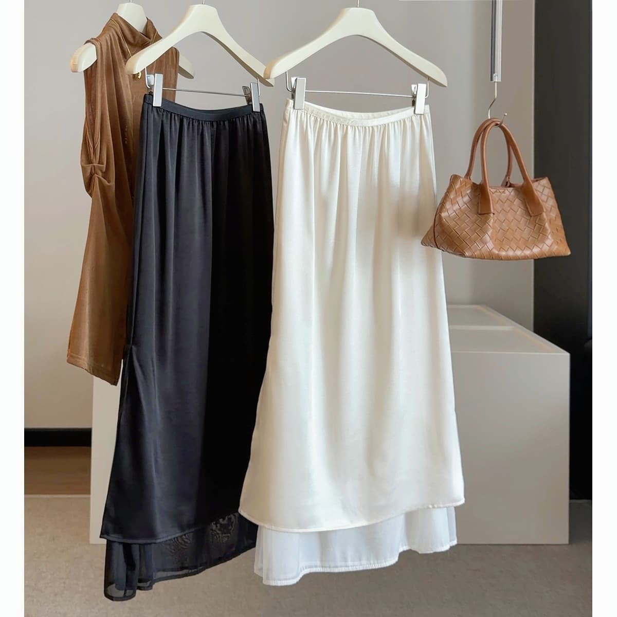 Premium Satin Skirt for Women Summer Side Slit A-Line Straight Pencil Skirt Patchwork Stylish Faux Two-Piece Skirt