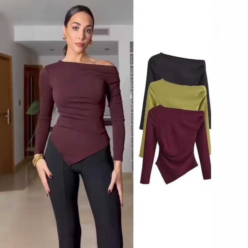 Women's autumn European and American style asymmetrical pleated long-sleeved solid color T-shirt tops for women