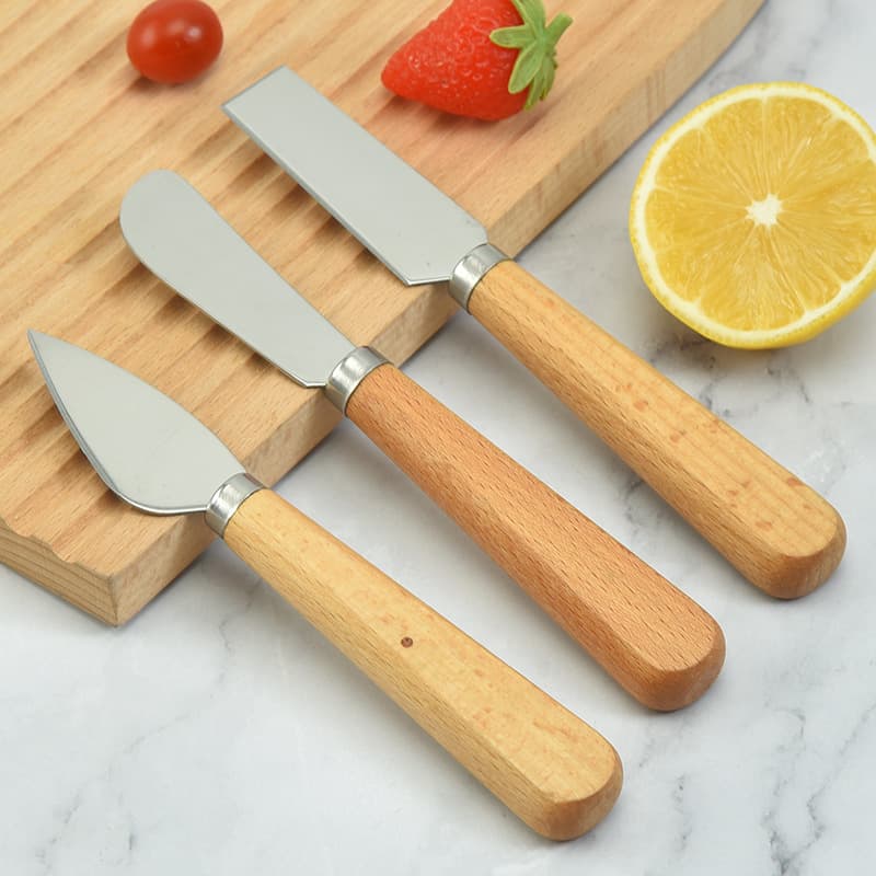 Factory Wholesale Stainless Steel Wooden Handle Cheese Knife, Butter Knife, Pizza Knife Tool, Long Handle Cheese Knife Fork Set