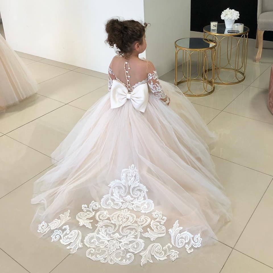 Girls Puffy Skirt Princess Dress Children's Performance Outfit Flower Girl Wedding Dress Tulle Lace Gown Butterfly Knot Element