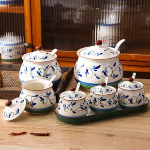 Japanese Ceramic Seasoning Jar Set, Hand-Painted Lard Jar, High-Temperature Resistant Kitchen Seasoning Box, Oil Jar, Floral Blue Ceramic