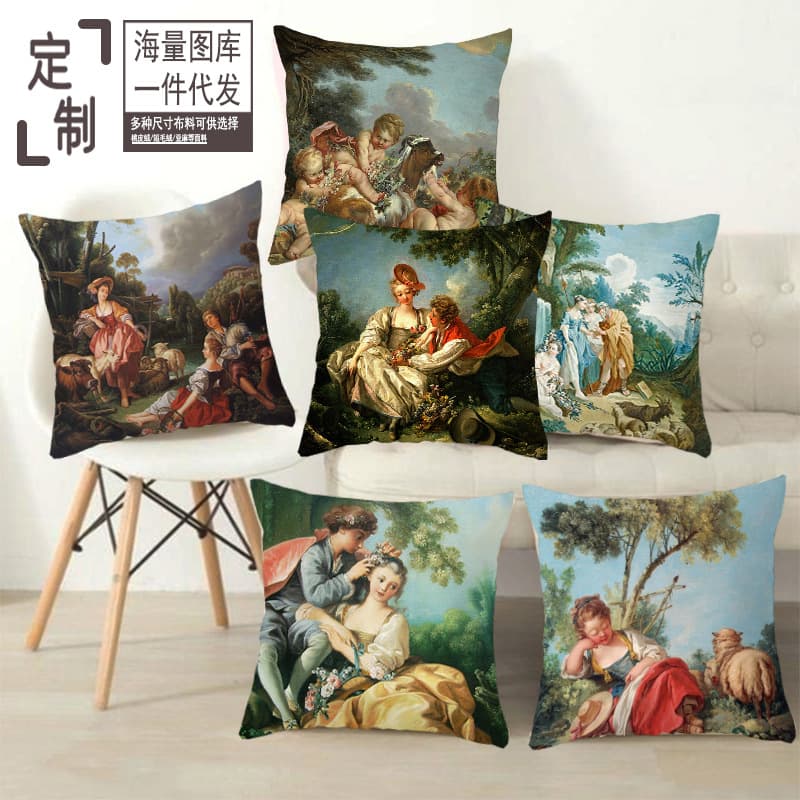 Cross-border European Rococo art oil painting peach skin pillow case home decoration sofa square pillow nap pillow