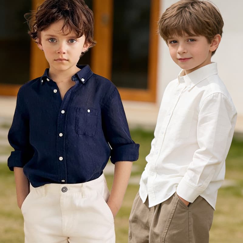 Boys' Linen Shirt Old Money Style Turn-down Collar Long Sleeve Top Spring Breathable Skin-friendly Cotton-linen