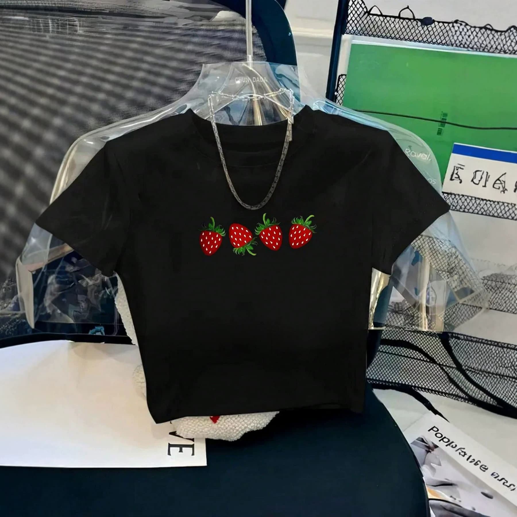 European and American Cross-Border Summer New Style Strawberry Print T-Shirt, Round Neck Short Crop Top Short Sleeve Top In Stock