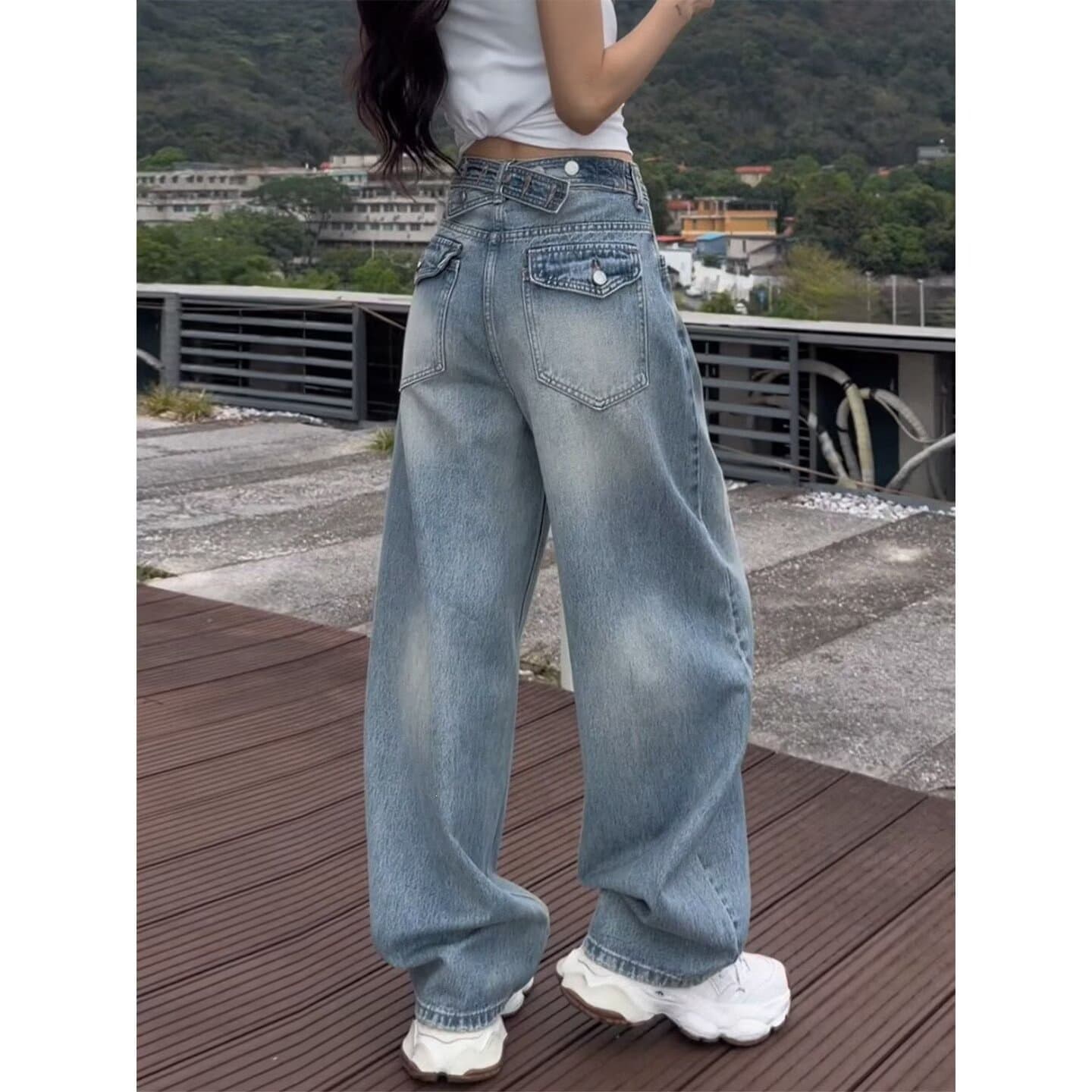 Plus Size European Curve Banana Jeans for Women Summer Slim Sickle Pants Straight Loose Wide-Leg Dad Pants